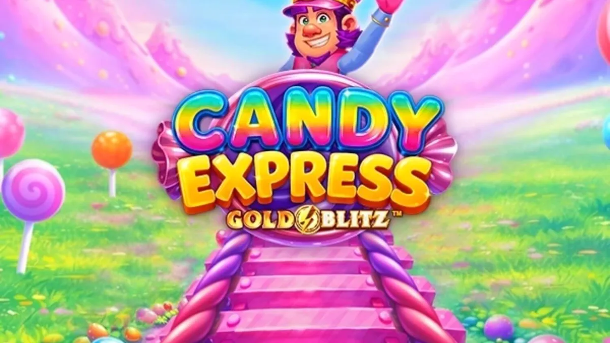 Candy Express Gold Blitz slot machine interface na may makukulay na kendi at tren